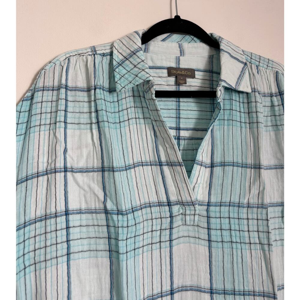 Light Blue Style & Co. Plaid Cotton Gauze Camp Shirt M - Picture 2 of 4